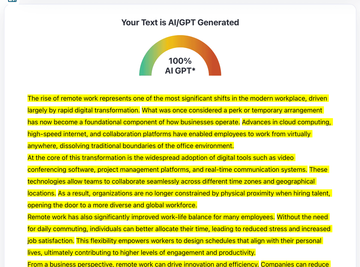 AI detection result showing 100% AI GPT score with highlighted text